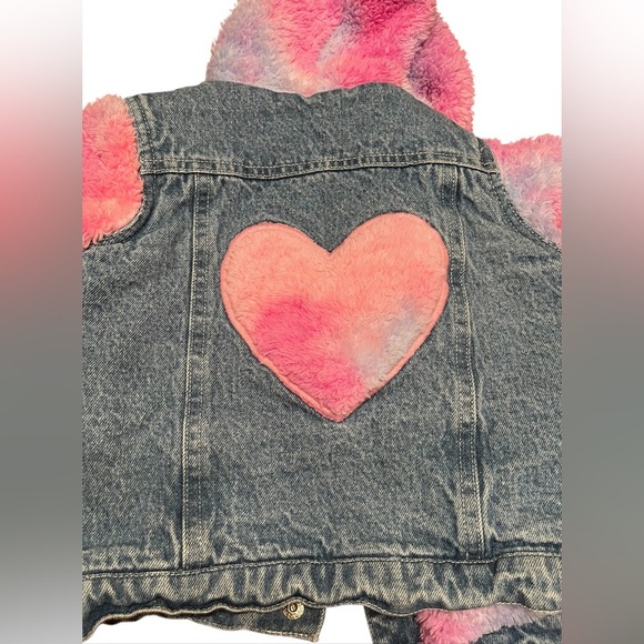 Baby Sara Pink/Blue Fuzzy Heart Snap Up Hybrid Hooded Jean Jacket Size 4 - Picture 4 of 6